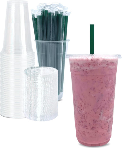 Cappatua 20 oz Clear Plastic Cups with Lids and STRAWS, Disposable Drinking Cups for Cold Drinks, Iced Coffee, Milkshakes, Smoothies, 25 Sets