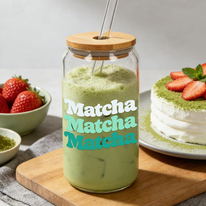 Mason Life Matcha Cup, 18 OZ Cute Glass with Lid and Straw, Matcha Drinking Cup Beer Can Glass for Valentines Day Gift Iced Coffee Smoothie Cocktail Milk Mother's Gifts