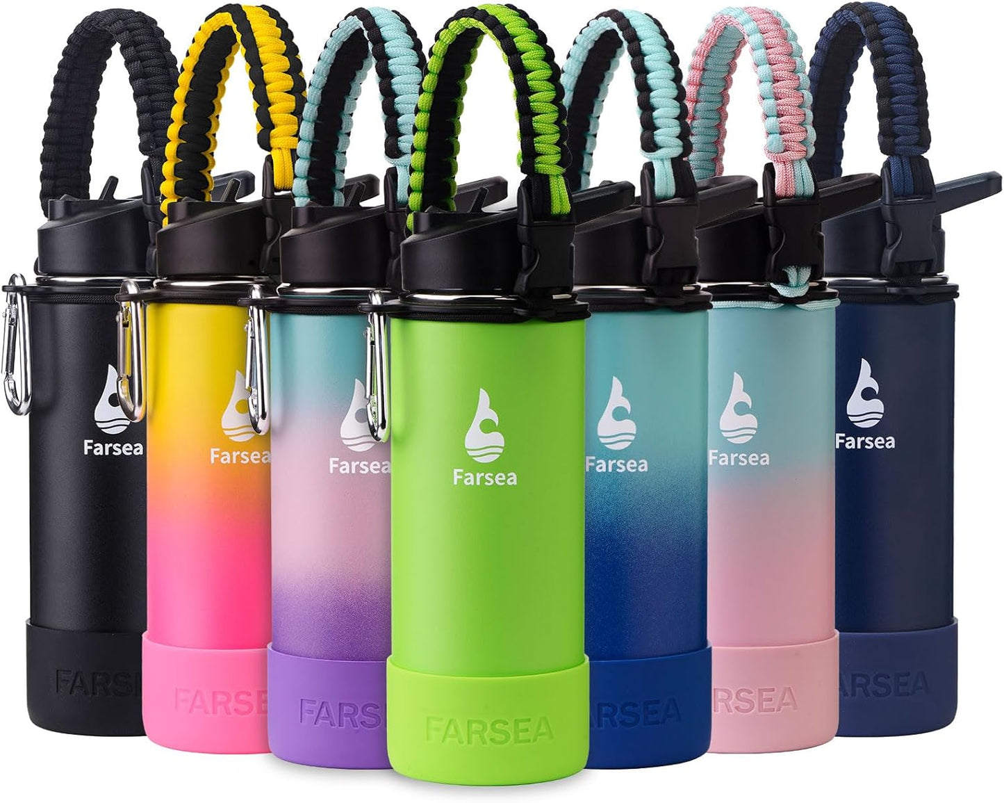 Farsea Insulated Water Bottle With Paracord Handle, Protective Silicone Boot and 2 Lids (Straw Lid & Spout Lid), Stainless Steel Water Bottle Wide Mouth, Double Wall Sweat-Proof BPA-Free, 24 oz