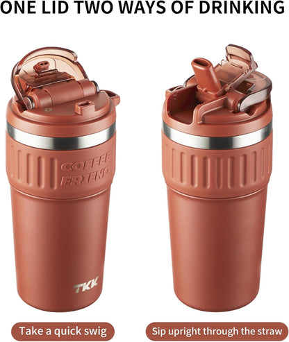 TKK Insulated Coffee Mug with Ceramic Coating, 21oz Iced Coffee Tumbler Cup with Straw Lid Double Wall Vacuum Leak Proof Travel Mug with Strap for Hot and Iced Beverage, Tungsten Steel