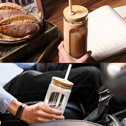 Kodrine 20oz Glass Water Tumbler with Straw and Lid, Bamboo Lids Water Bottle, Iced Coffee Cup Reusable, Wide Mouth Smoothie Cups with Protective Silicone Sleeve BPA FREE-Black - Colors A