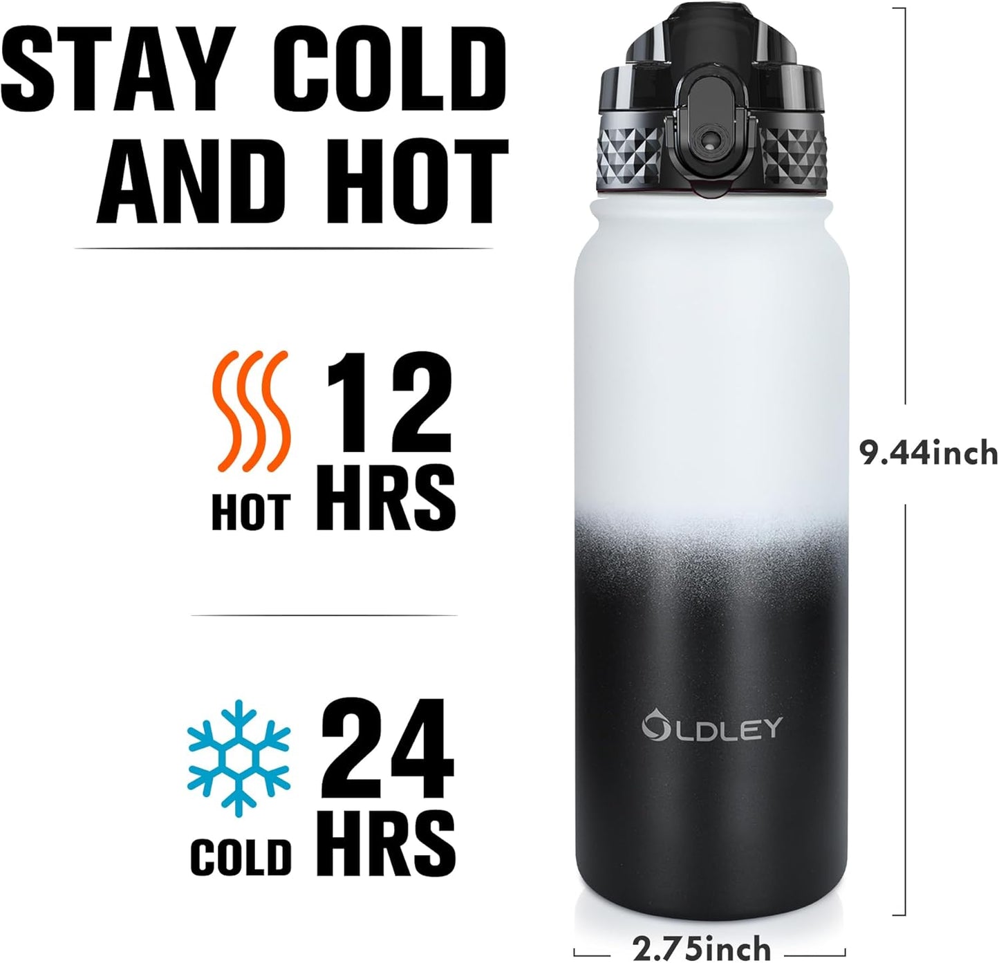 Oldley Insulated Water Bottle 20oz for Adults Kids Stainless Steel Water Bottles with Straw/Chug/Carabiner 3 Lids Fruit Strainer Double Wall Vacuum Wide Mouth BPA Free Leak-Proof for School Travel