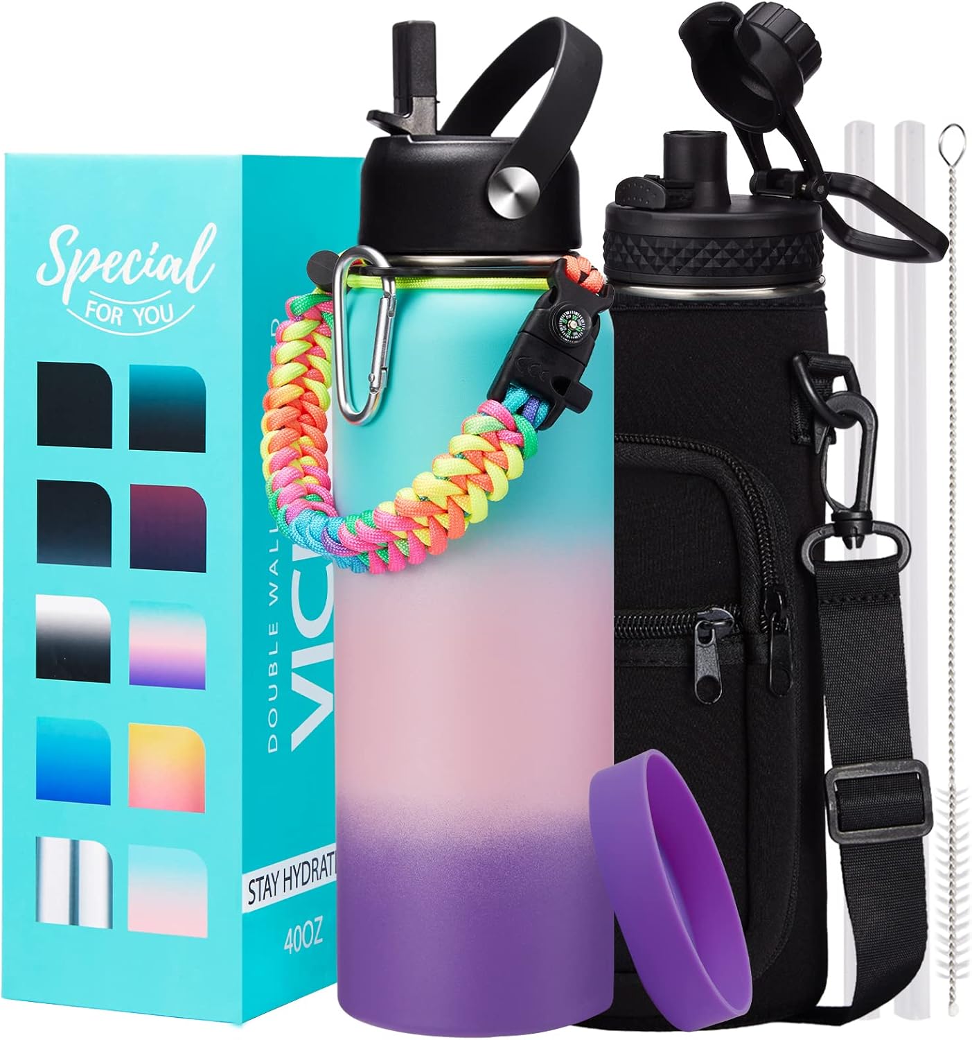 32/40/64OZ Insulated Water Bottle - Keep Cold 48H Hot 24H, Combo Straw/Spout Lids, Paracord Handle for Gym/Hiking, Carrier Bag +Strap, Cup Mat, BPA-Free Stainless Steel Flask Jug