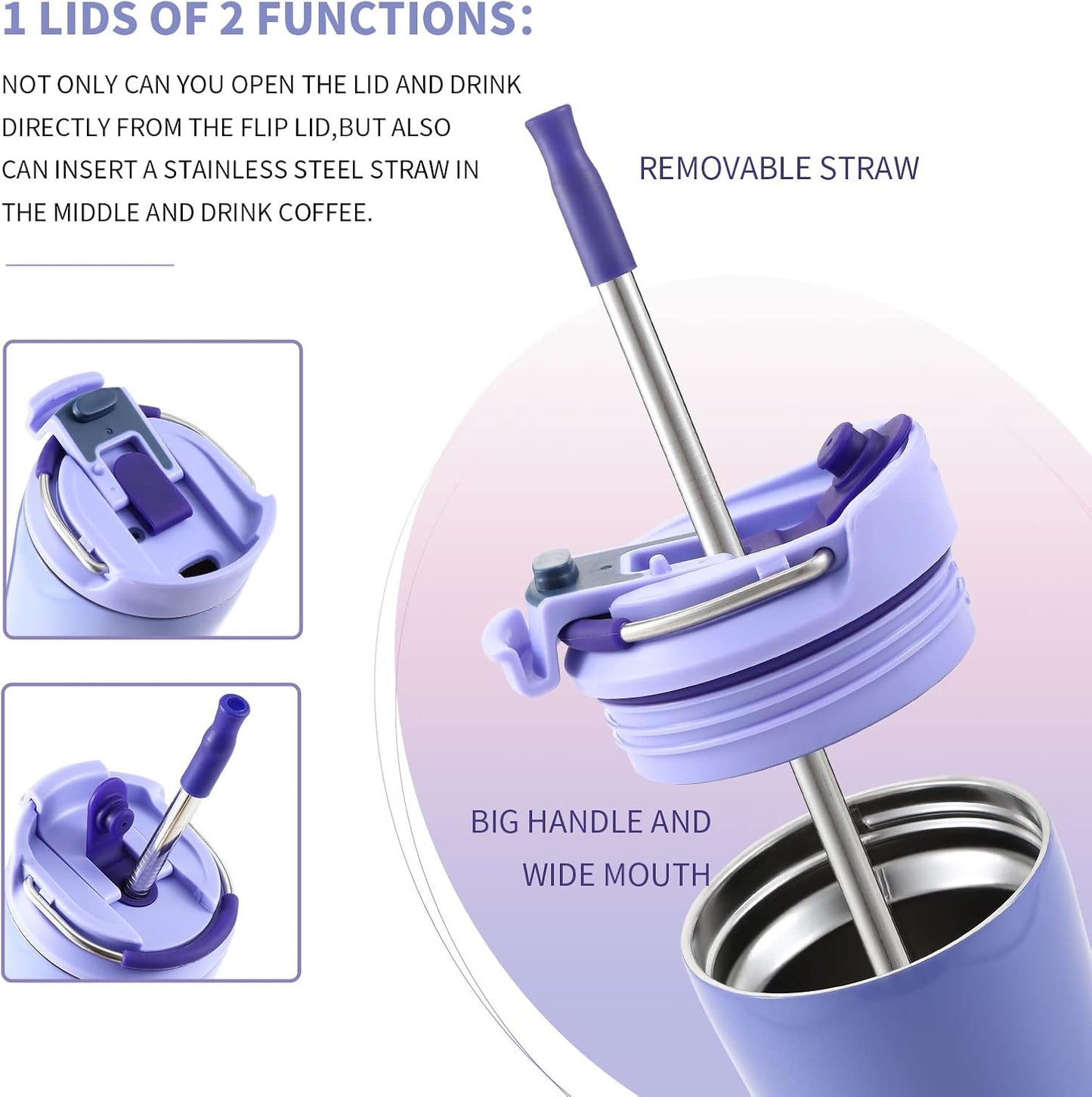 BOTTLE BOTTLE Coffee Tumbler with Dual-use Lid and Straw Double Walled Iced Travel Coffee Mug for Woman and Man 12 oz Stainless Steel Insulated Tumbler with Handle (blue)