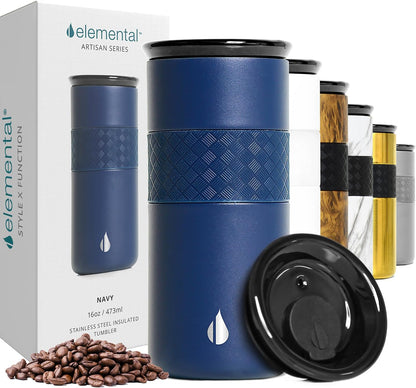 Elemental Artisan Insulated Tumbler, Triple Wall Coffee Travel Mug, Reusable Stainless Steel Coffee Tumbler with Ceramic Lid, Thermal Coffee Cups for Hot (6 Hrs) & Cold (18 Hrs), 16oz - Forest Green