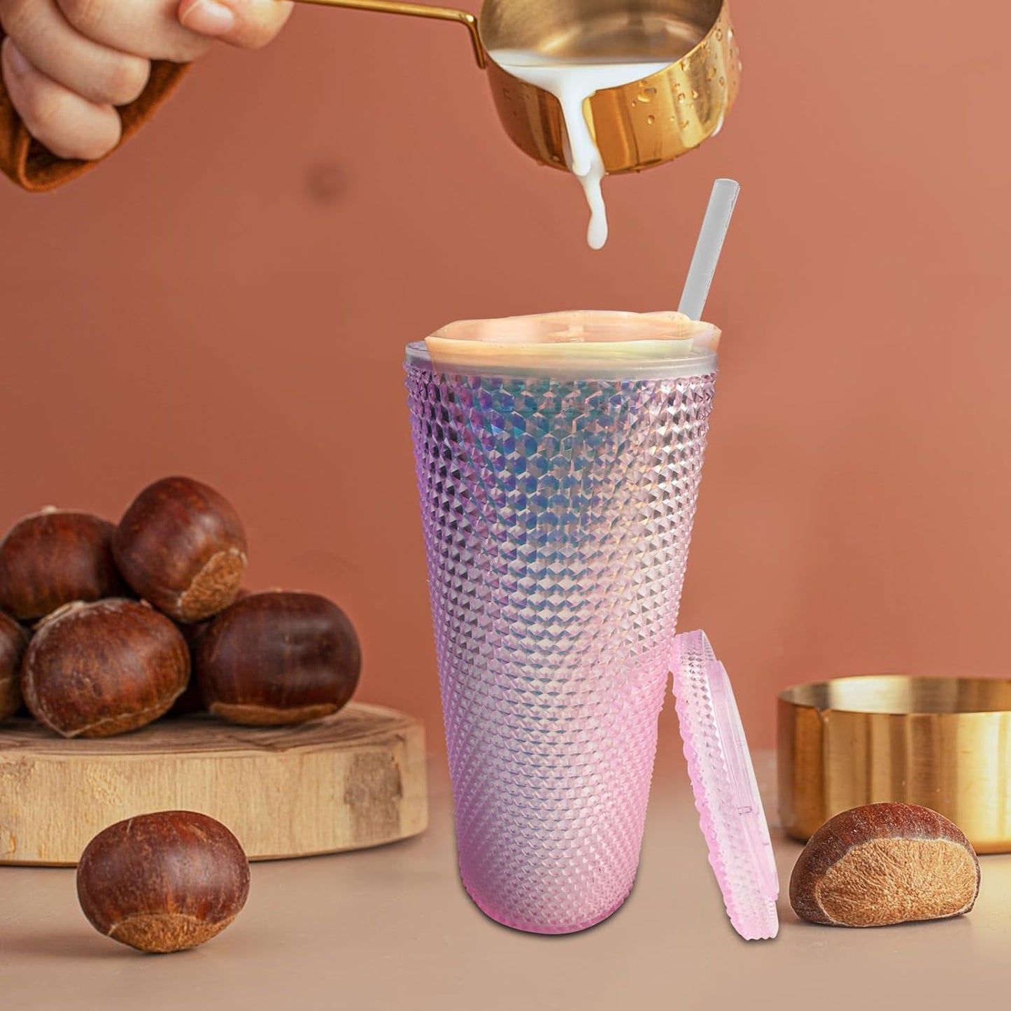 Studded Tumbler With Straw Tumblers With Lids And Straws Iridescent Blue Cups Water Cup With Straw And Lid BPA-Free Double-Wall Plastic for Iced Coffee Cups or Water 24 Oz