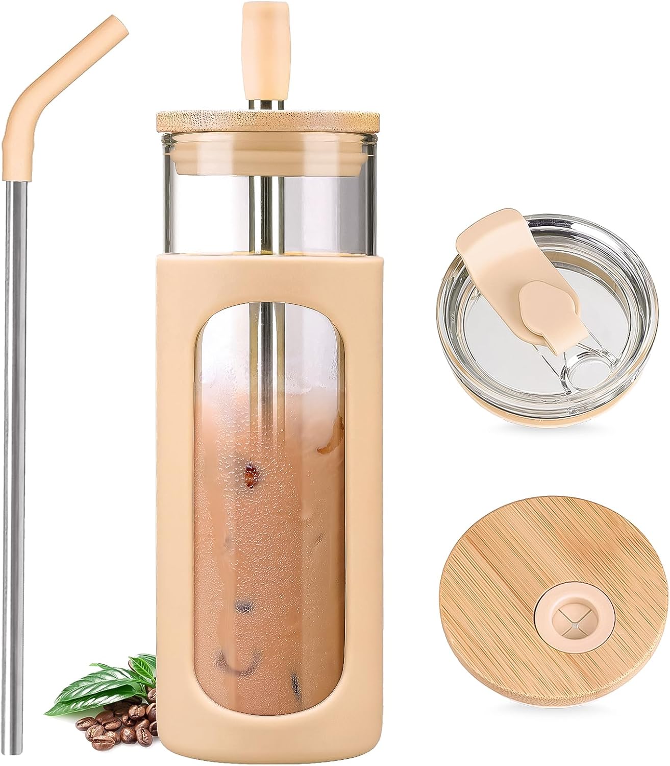 Kodrine 20oz Glass Water Tumbler with Straw and Lid, Bamboo Lids Water Bottle, Iced Coffee Cup Reusable, Wide Mouth Smoothie Cups with Protective Silicone Sleeve BPA FREE-Black - Colors A