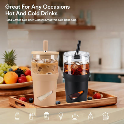 Glass Tumbler with Lids and Straws, 20 oz Iced Coffee Cup and Smoothie Cup with Bamboo Lid and On the go Lid,Glass Cups With Straws