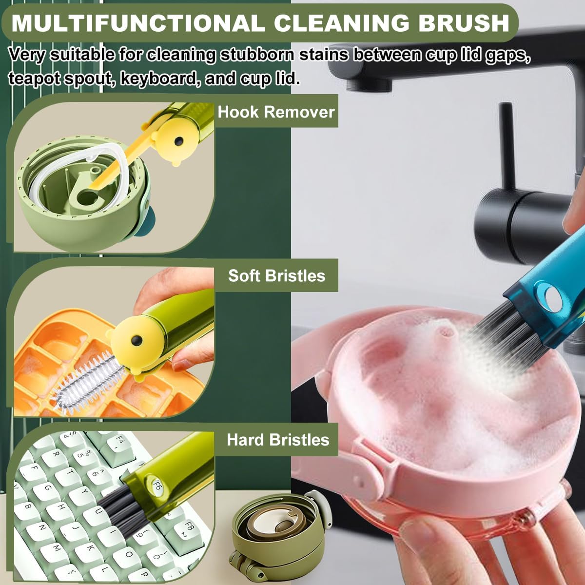 3 in 1 Cup Lid Cleaning Brush, Portable Cup Cleaner Brush, New Water Bottle Lid Cleaner Brush, Multifunctional Cleaning Brush - Home Kitchen Cleaning Tools for Tight Spaces & Bottle Gaps, 3 PCS