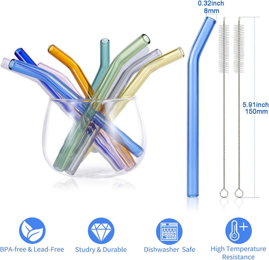 10 Pcs Reusable Bent Short Glass Straws,6''x8 mm Colorful Glass Straws Shatter Resistant with 2 Cleaner Brush for Short Tumblers,Whiskey&Cocktail Glasses Cups,Coffee Mugs