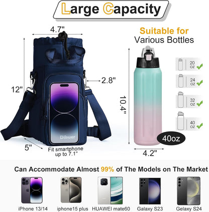 Water Bottle Holder with Strap, 4 Big Pockets with Compartment, 24oz/32oz/40oz Crossbody Water Bottle Carrier Bag