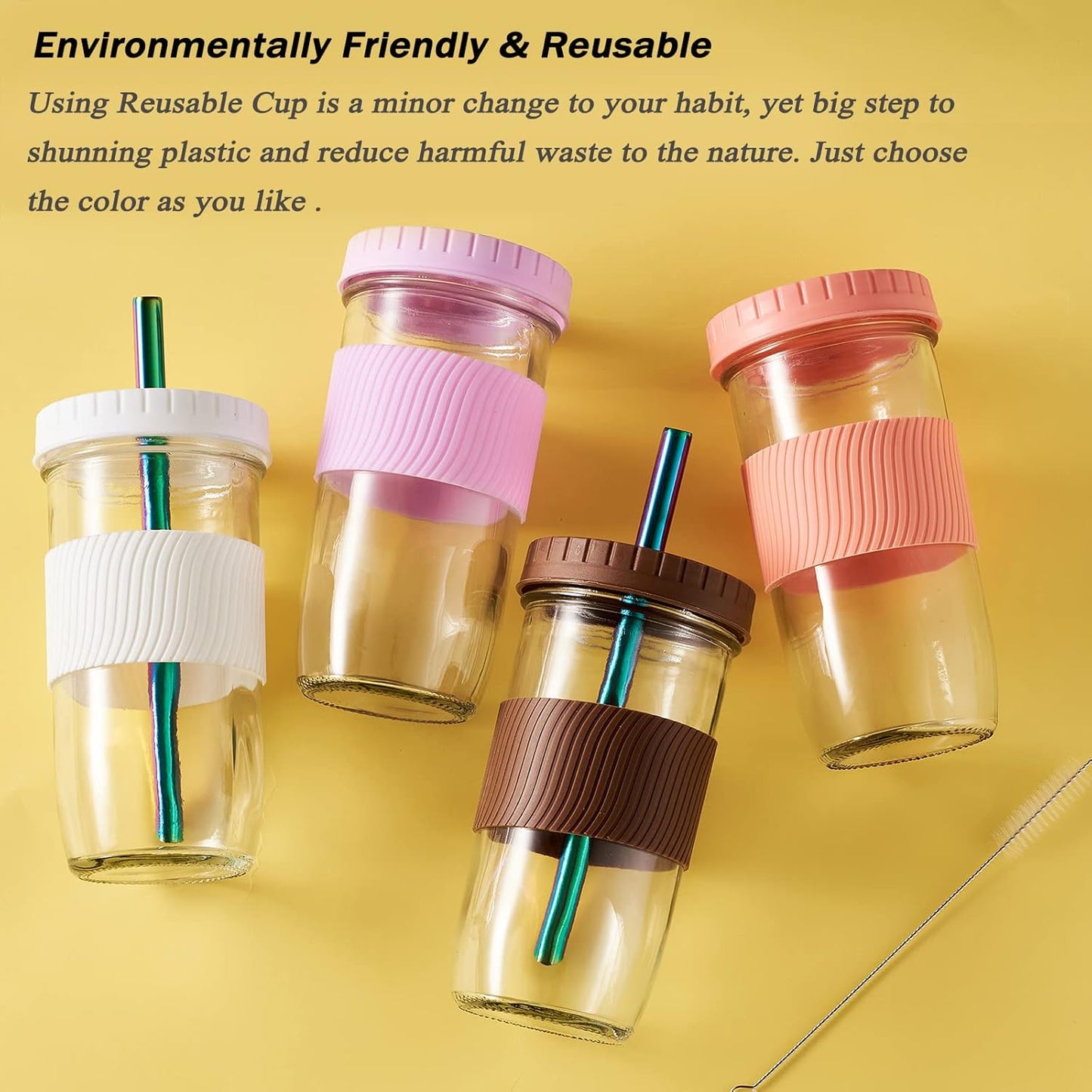 Amyoole 2 Pack Reusable Boba Cup, 24Oz Wide Mouth Smoothie Cup,mason Jar Glass Cups with Lids and Straws,Bubble/Boba Tea Cups,Ice Coffee Tumbler 2 colored straws 1 sponge brush(Pink)
