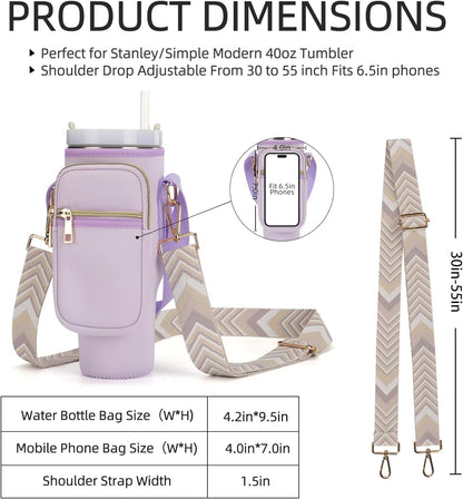 GOEWY Water Bottle Carrier Bag for Stanley 40/30 oz Tumbler with Phone Pocket Neoprene Water Bottle Holder with Shoulder & Handheld Strap Stanley Cup Accessories