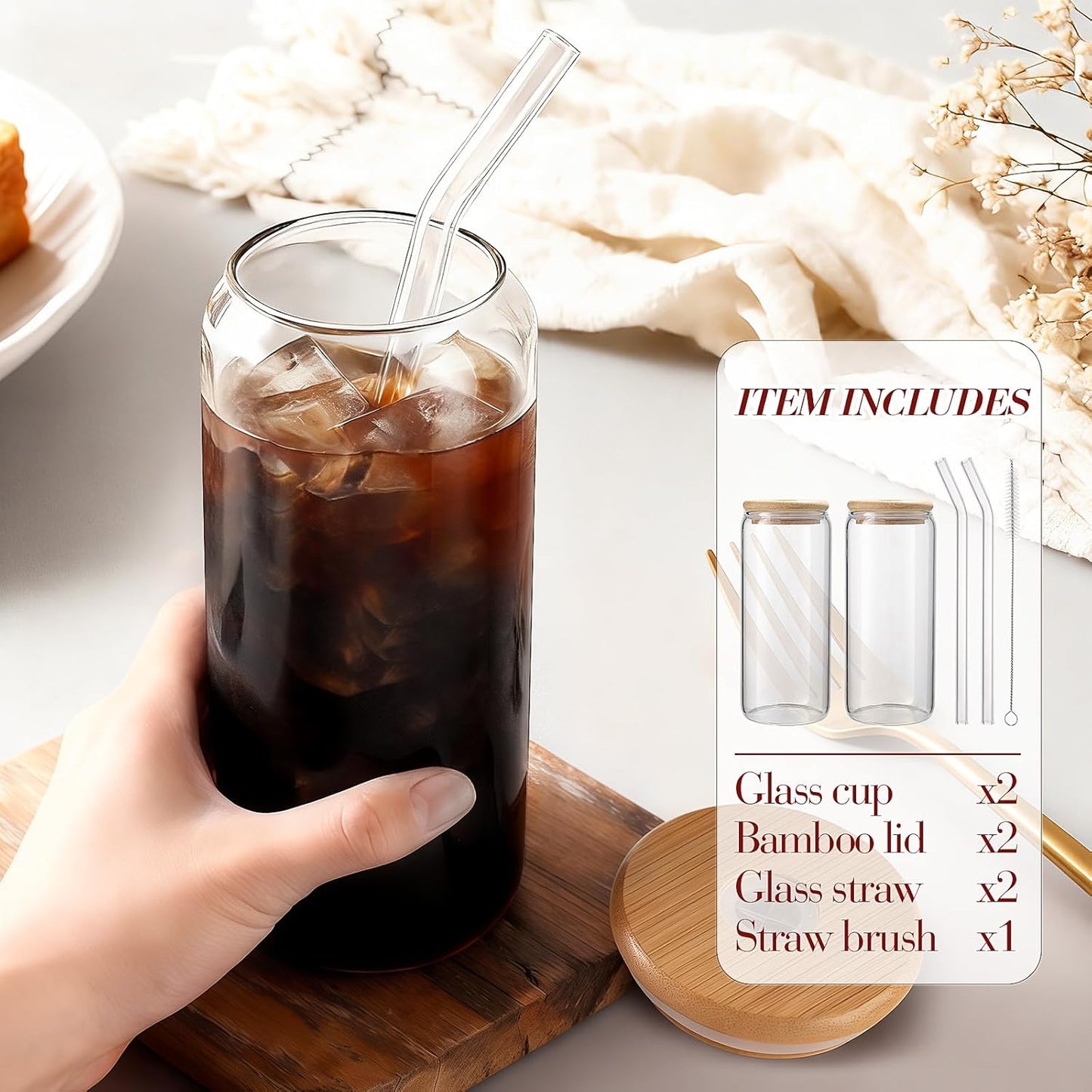 DWTS DANWEITESI Iced Coffee Cups with Lids 2 pcs,16 oz Glass Cups with Lids and Straws as Coffee Bar Accessories,Beer Drinking Glasses,Reusable Glass Tumbler,Cute Coffee Cups for Coffee, Juice, Gifts