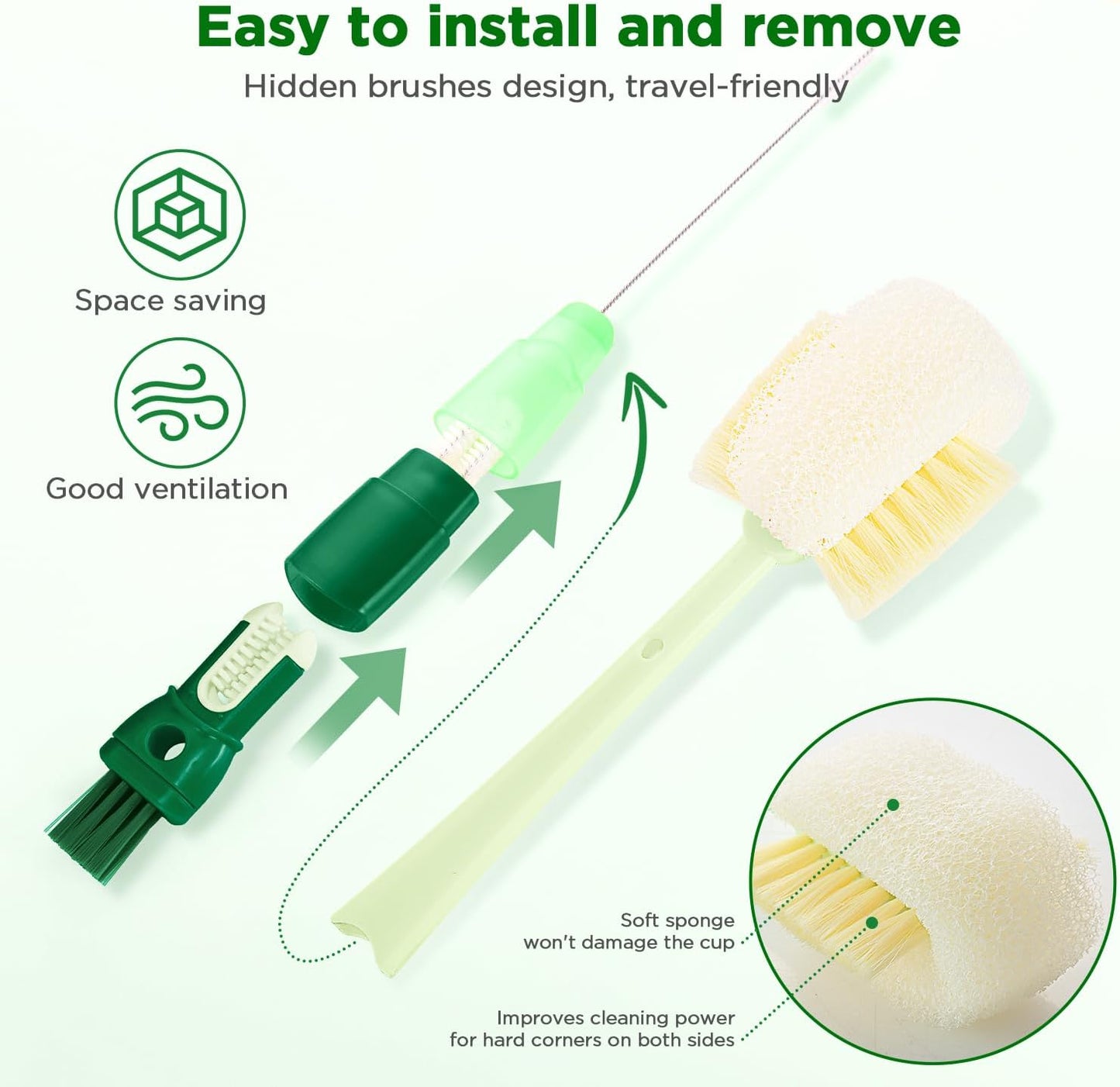 OUTXE 5 Pack Bottle Brush Set, 5-in-1 Water Bottle Cleaner Brush, 15"" Long Handle Bottle Cleaning Brush, 3 Straw Brush, Removable Nipple Brush, Detail Brush for Cup Lid Gap, WBBSBLB5
