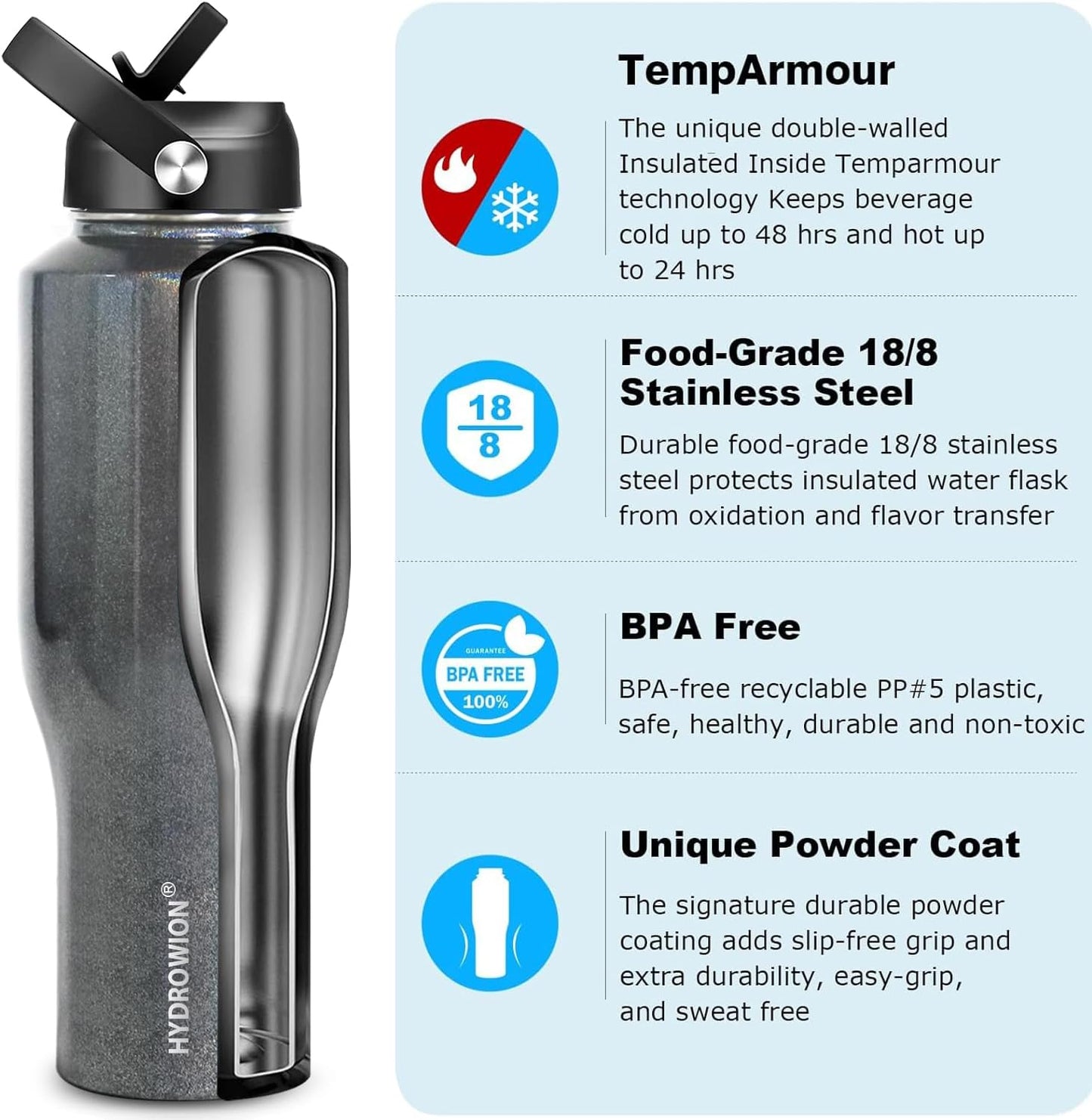 HYDROWION 32oz Stainless Steel Water Bottle(Cold for 48 Hrs, Hot for 24 Hrs),Double Wall Vacuum Insulated Water Bottle with Straw Lid, Spout Lid and Flex Cap, Fit in Any Car Cup Holder,Black