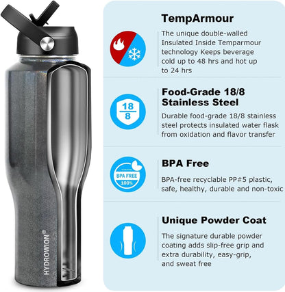 HYDROWION 32oz Stainless Steel Water Bottle(Cold for 48 Hrs, Hot for 24 Hrs),Double Wall Vacuum Insulated Water Bottle with Straw Lid, Spout Lid and Flex Cap, Fit in Any Car Cup Holder,Black