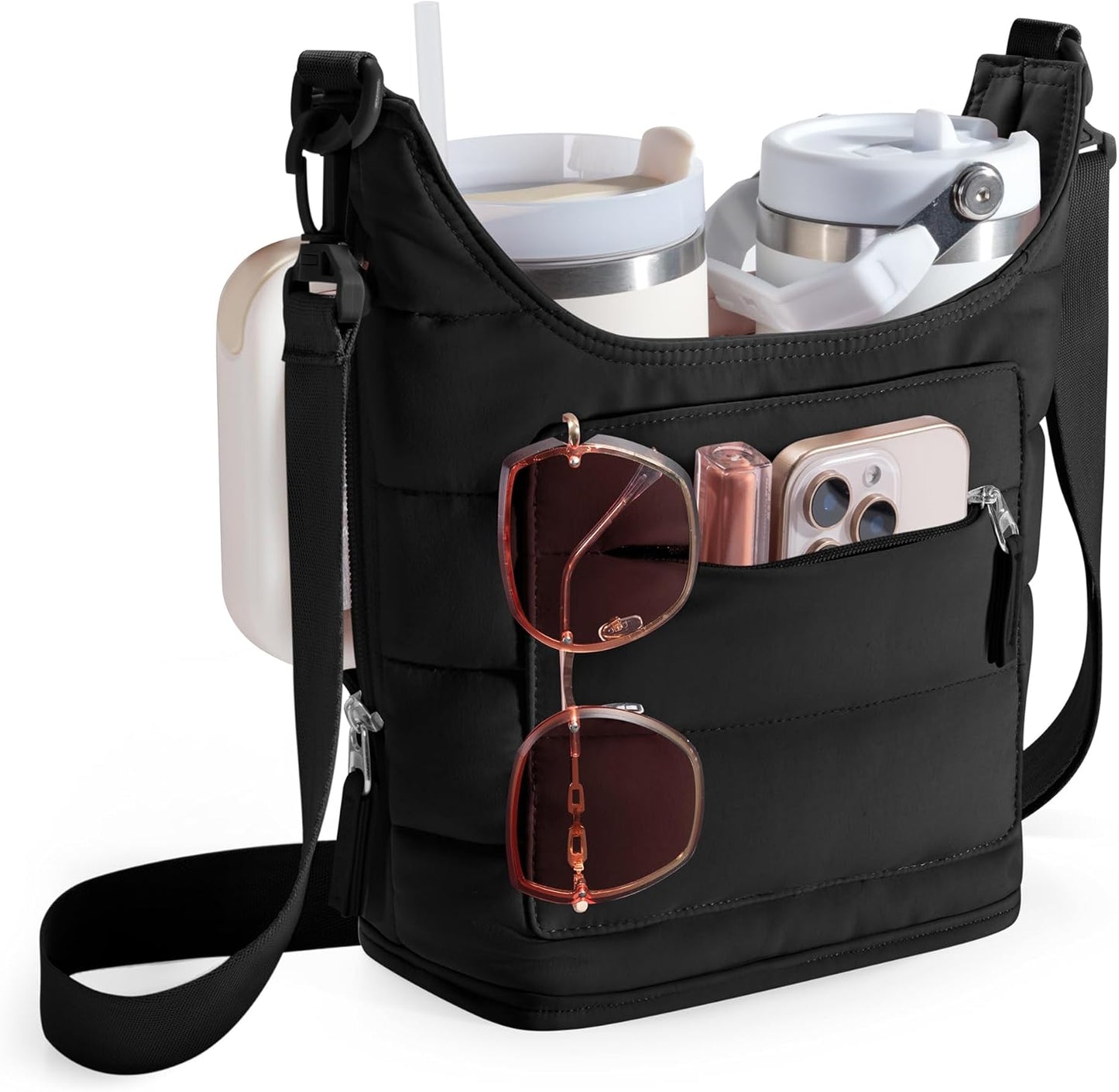 Water Bottle Holder with Strap for 2 Cups, Water Bottle Sling Bag with Phone Pocket, Tumbler Carrier Bag for Walking, Hiking, Camping