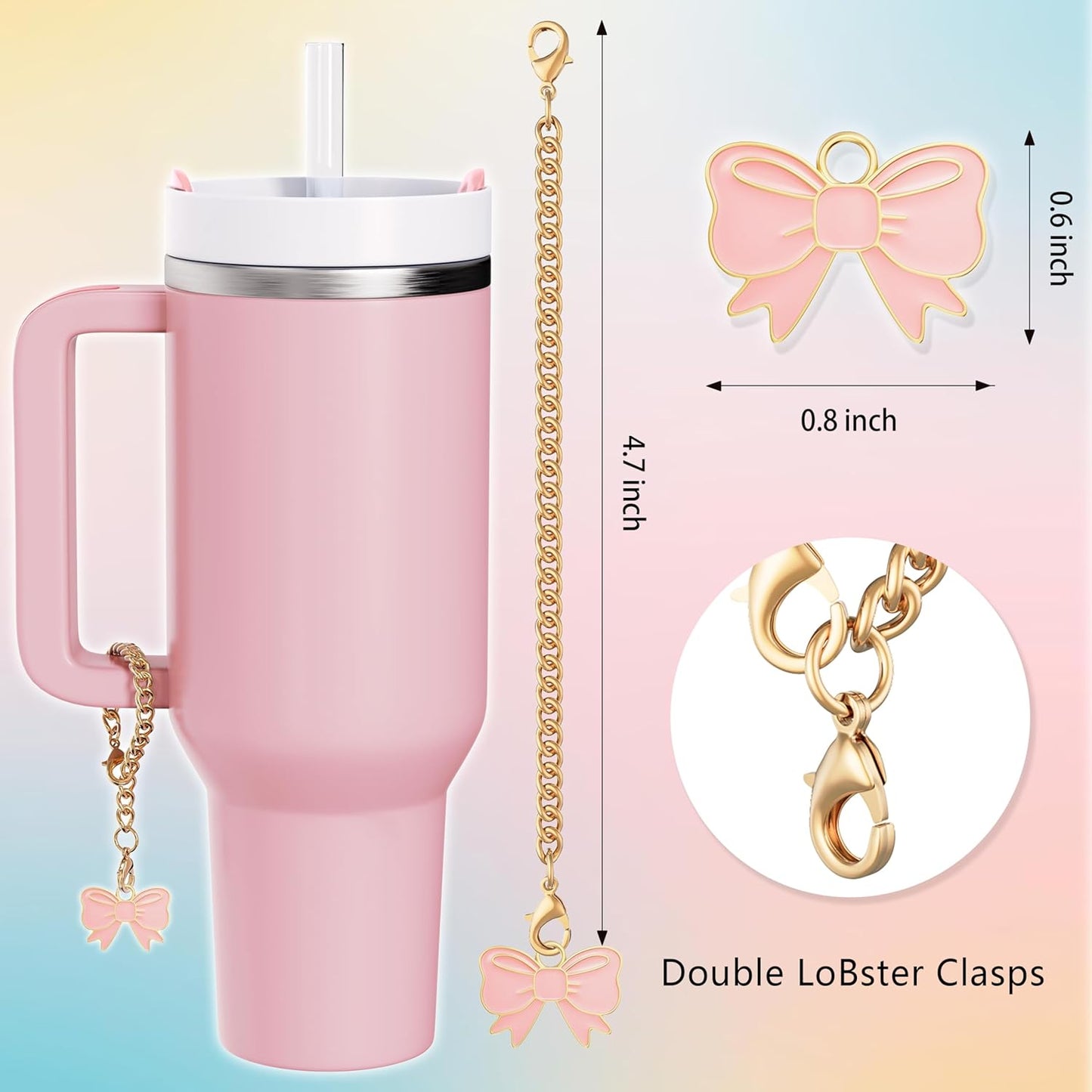 Compatible with Stanley Cup Accessories - 3Pcs 10mm Bow Straw Topper Compatible with Stanley Cup Straw Cover Cap, 2pcs Pink Bow Charms for Stanley 30&40 Oz Tumbler with Handle