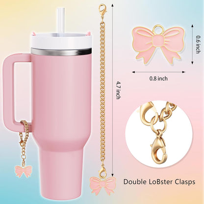 Compatible with Stanley Cup Accessories - 3Pcs 10mm Bow Straw Topper Compatible with Stanley Cup Straw Cover Cap, 2pcs Pink Bow Charms for Stanley 30&40 Oz Tumbler with Handle