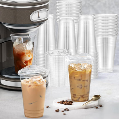 Dealusy 100 Pack - 16 oz Clear Plastic Cups with Lids, Sturdy & Food Safe Iced Coffee Cups with lids, Disposable Plastic Smoothie Cups for Cold Drinks, Sip Lids