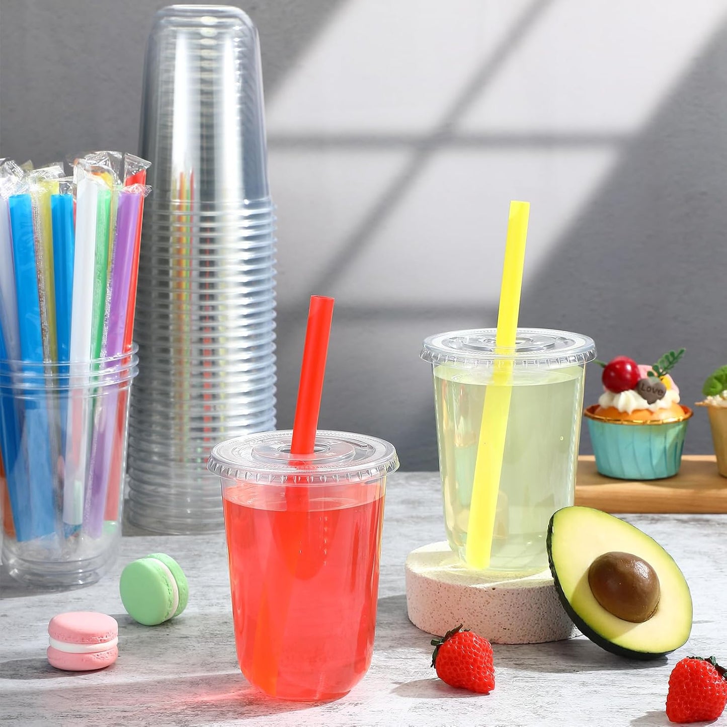 Ziliny 50 Sets 12 oz Clear Cups with Lids and Jumbo Smoothie Straws Disposable Plastic Cups for Smoothies, Bubble Milk Tea, Milkshakes, Cold Drinks (Multicolor)