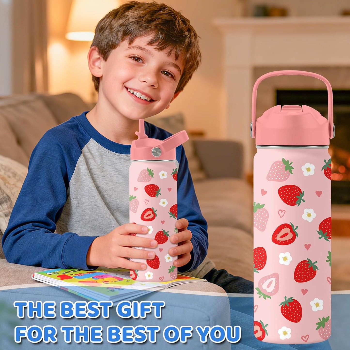 Strawberry Gifts for Kids - 16oz Pink Kids Water Bottle with Straw Lid, Stainless Steel Insulated Water Bottle, Leakproof, BPA-Free, for Girls, School, Strawberry Lover Children Birthday Gift Cup(1pc)