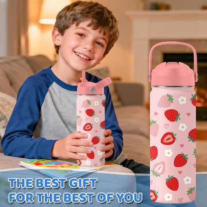 Strawberry Gifts for Kids - 16oz Pink Kids Water Bottle with Straw Lid, Stainless Steel Insulated Water Bottle, Leakproof, BPA-Free, for Girls, School, Strawberry Lover Children Birthday Gift Cup(1pc)