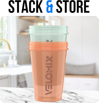 VELOMIX -2 Pack- 20 oz Protein Shaker Bottles for Protein Mixes - 2x Wire Whisk | Leak Proof Shaker Cups for Protein Shakes and Pre Workout | Protein Shaker Bottle Pack (Black/Transparent)