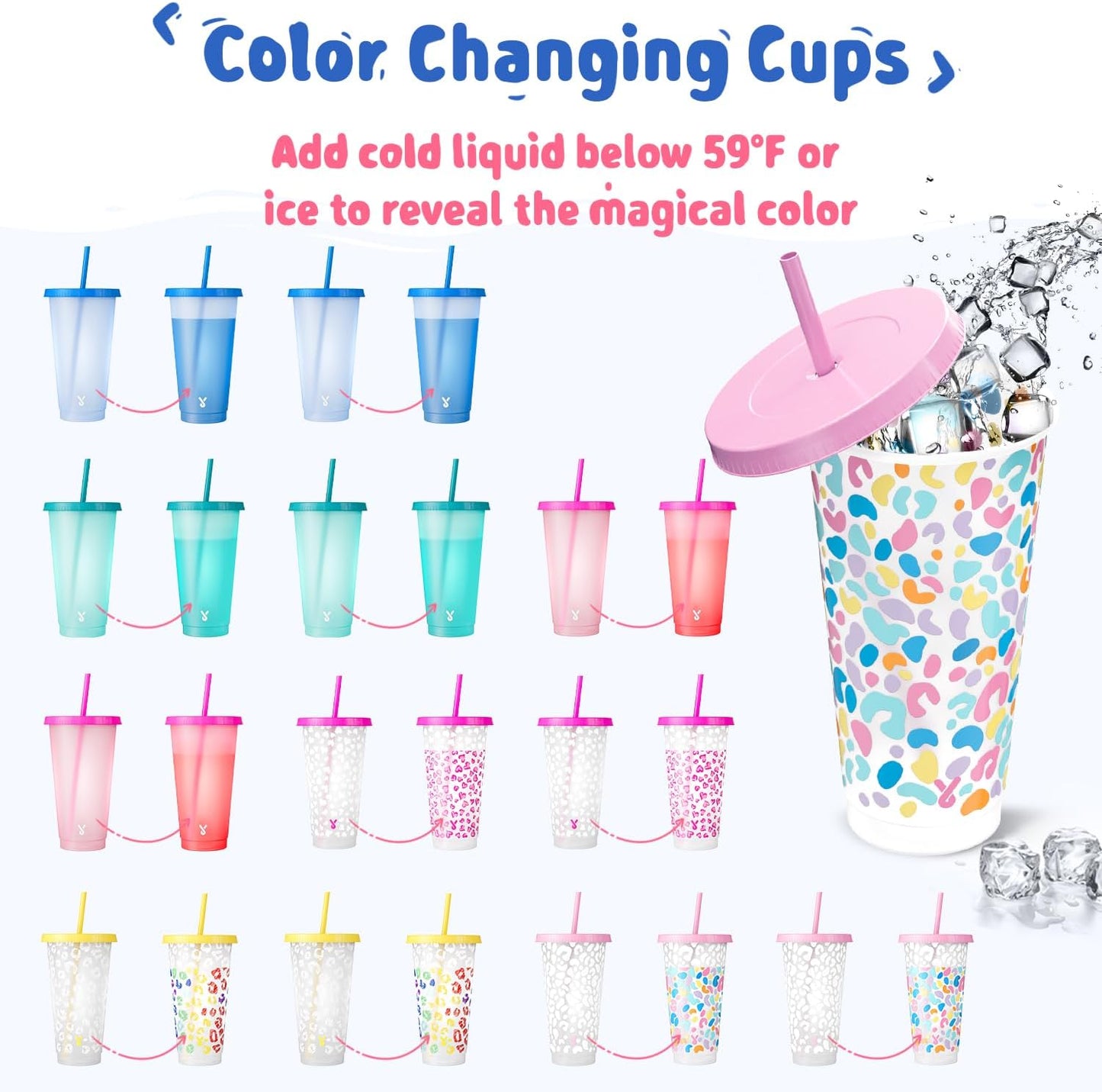 Meoky Plastic Cups with Lids and Straws - 6 Pack 24 oz Color Changing Cups, Iced Coffee Cups, Reusable Tumblers Bulk for Party, Car, Adults, Women, BPA-free (Solid & Patterned)