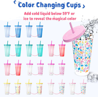 Meoky Plastic Cups with Lids and Straws - 6 Pack 24 oz Color Changing Cups, Iced Coffee Cups, Reusable Tumblers Bulk for Party, Car, Adults, Women, BPA-free (Solid & Patterned)