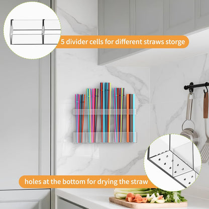 Straw Holder for Cabinet Door, Reusable Tumbler Straw Organizer Storage Container Mount for Kitchen Counter Cupboard Door (Transparent, 9.5inch)