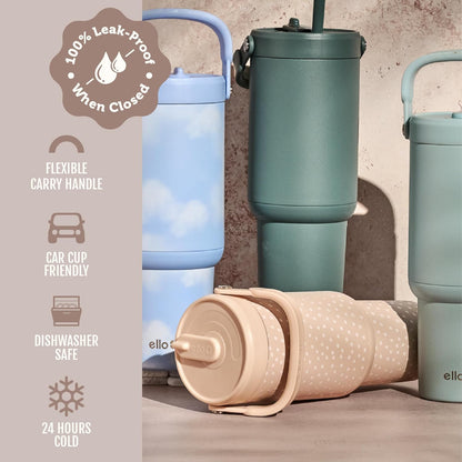 Ello Oasis Go+ 26oz Tumbler with Top Handle and Retracting Straw | Reusable Insulated Stainless Steel Cup, 100% Leakproof Water Bottle, 24 Hours Cold, Cup Holder Friendly For Travel | Wild Rasberry