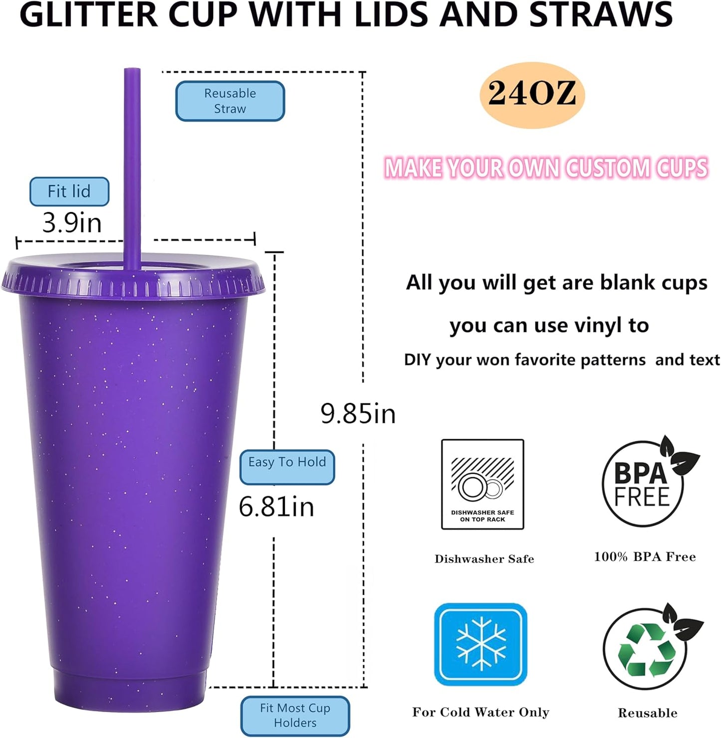 Suertestarry Tumbler with Straw and Lid,Water Bottle Iced Coffee Travel Mug Cup,Reusable Plastic Cups,Perfect for Parties,Birthdays,24oz-5 Pack (Rainbow, 5pack)