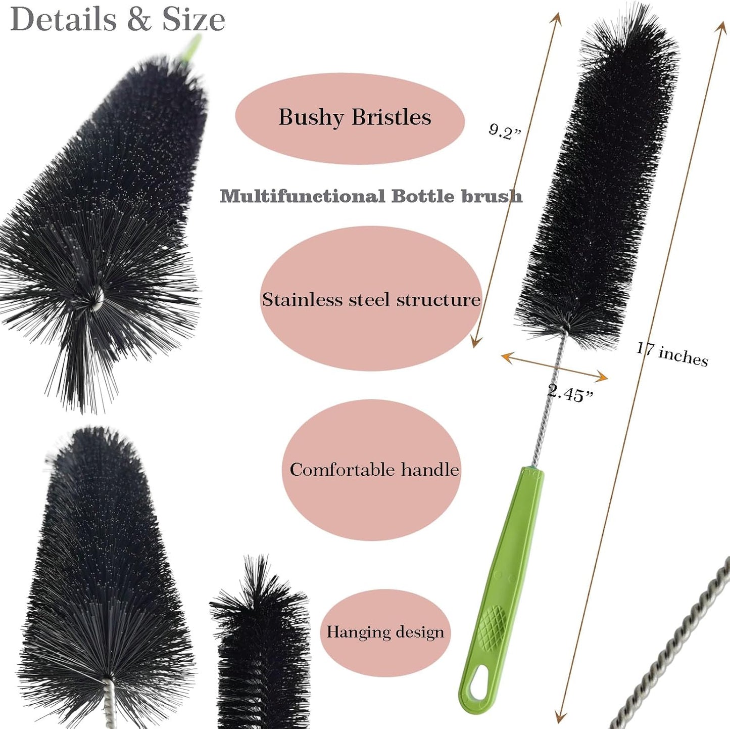 17 Inches Extra Long Handle Bottle Cleaning Brush for Narrow Neck Wine, Beer Bottle, Sport Bottles, Baby Bottles, deep Cups, Vase, Thermos, Glass, Pipes, Kitchen Sinks, Flask, and Hummingbird Feeders
