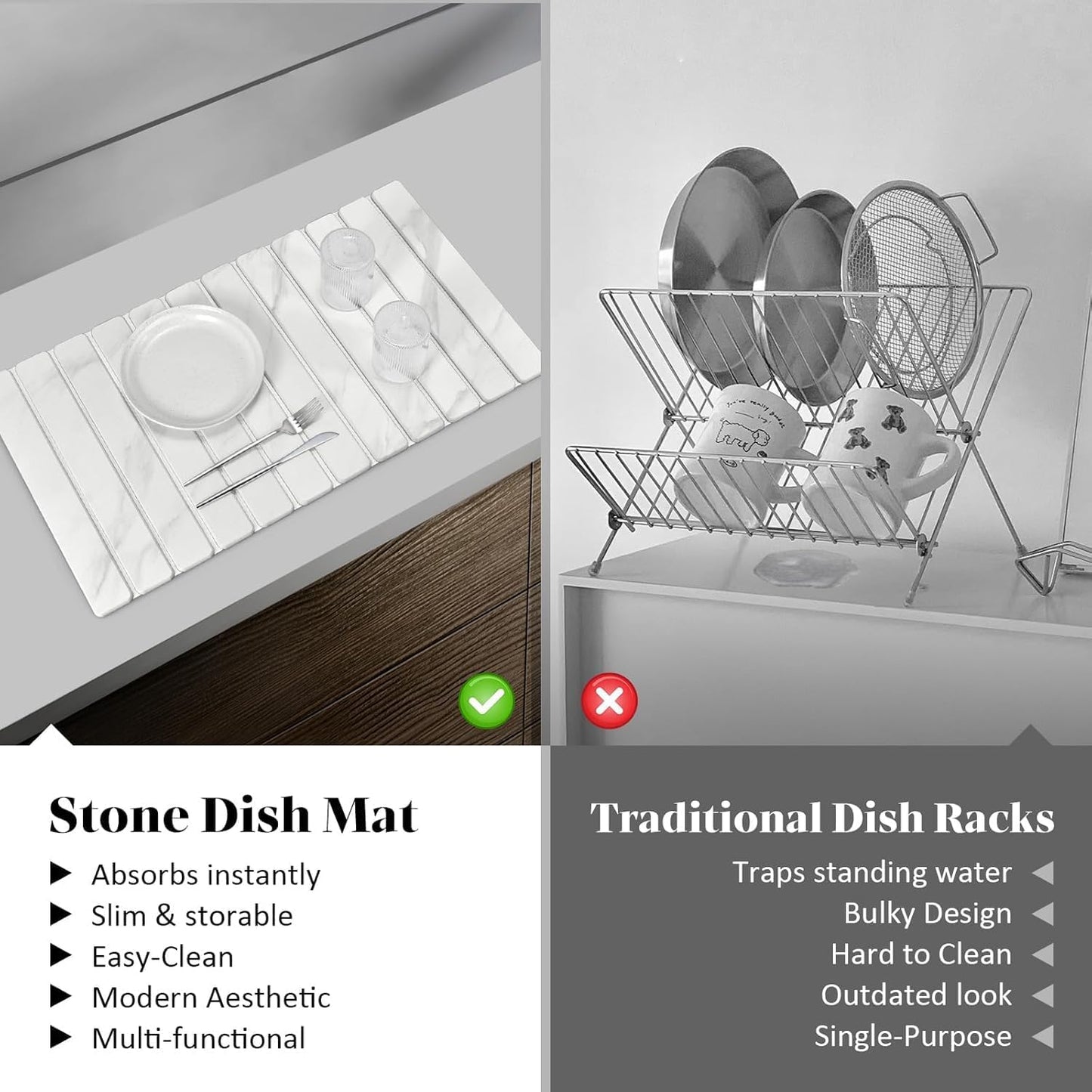 Large Stone Dish Drying Mat for Kitchen Counter – 24"(L)×16 "(W) Foldable Super Absorbent Diatomaceous Earth Dish Drying Mat, Kitchen Counter Mats for Plate Rack, Cups, Match Any Countertop - Gray