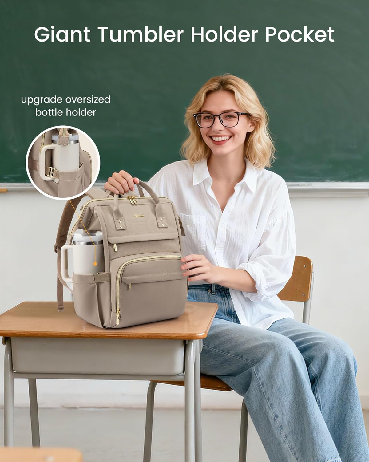 LOVEVOOK Laptop Backpack for Women with Giant Tumbler Holder Pocket,15.6 inch Waterproof Travel Backpack Purse Computer Laptop Bag,Professional Work College Nurse Teacher Backpack Casual Daypack,Black