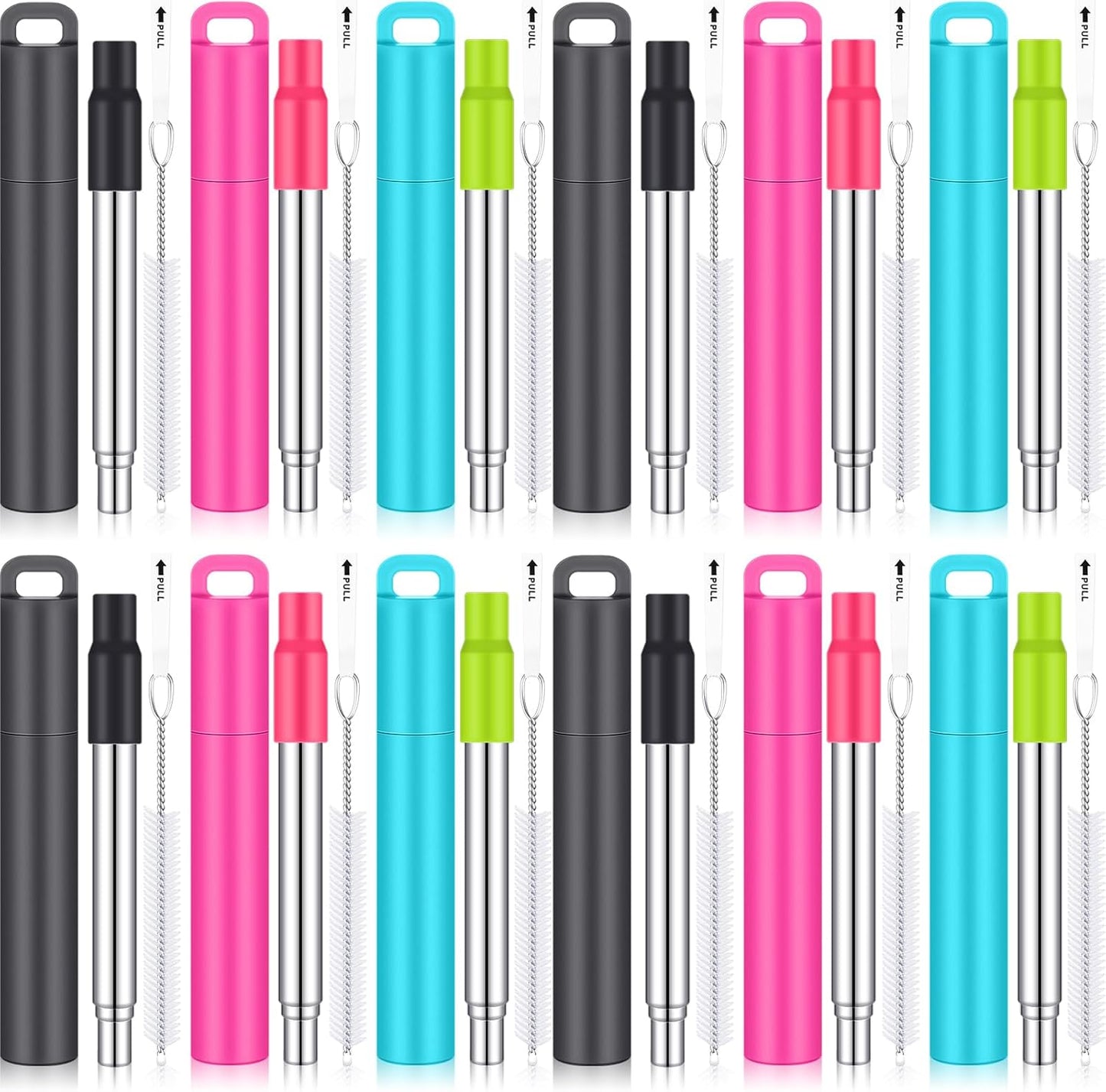 Gejoy 6 Pack Metal Reusable Straw Travel with Case Collapsible Foldable Portable Retractable Drinking Straw Stainless Steel Silicone Tip and Cleaning Brush Long for Cruise Ship Gift