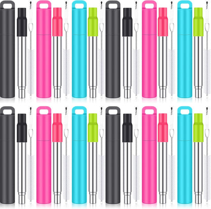 Gejoy 6 Pack Metal Reusable Straw Travel with Case Collapsible Foldable Portable Retractable Drinking Straw Stainless Steel Silicone Tip and Cleaning Brush Long for Cruise Ship Gift