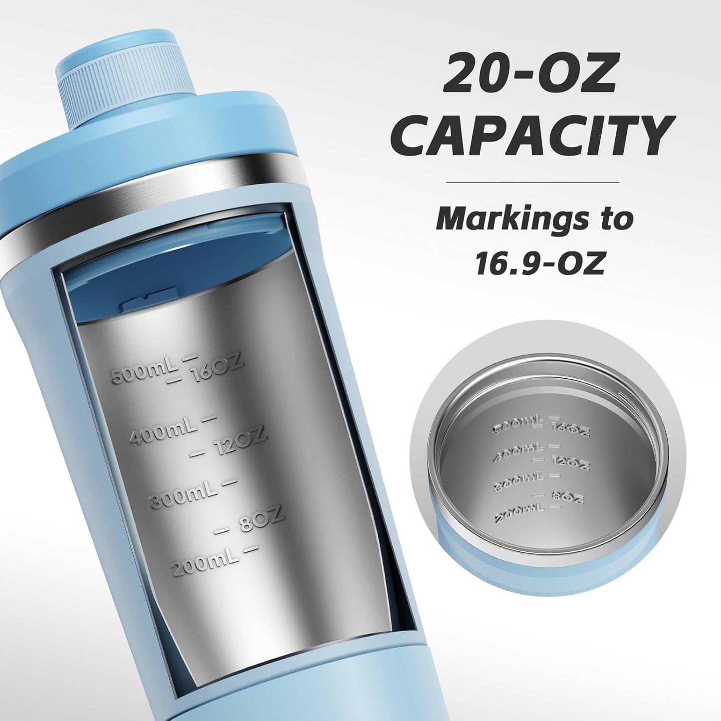 PROCHAIN Insulated Stainless Steel Shaker Bottle, Metal Shaker Cup for Protein Shakes with Storage, Leak-Proof Twist Lock Lid, Perfect for Gym Sports, 20 oz
