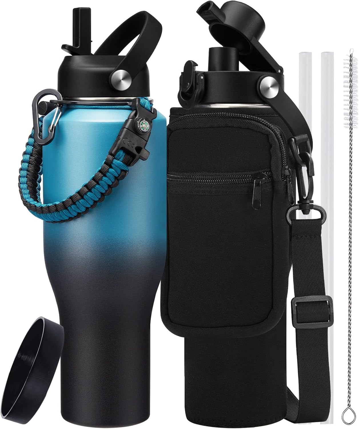 Insulated Water Bottle 40 oz - Fits in any Car Cup Holder, Keep Cold 48H Hot 24H, Stainless Steel Waterbottle Double Wall Flask with Straw, Pop-up Spout Lid, Paracord Handle, Carrier Bag