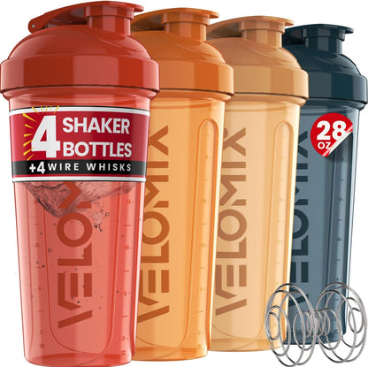 VELOMIX -4 Pack- 28 oz Protein Shaker Bottles for Protein Mixes - 4x Wire Whisk | Leak Proof Shaker Cups for Protein Shakes | Stackable Protein Shaker Bottle Pack (A1) Silver Aurora