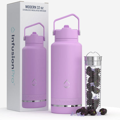 Infusion Pro Fruit Infuser Water Bottle with Straw Lid (32 oz) Stainless Steel Vacuum Insulated : 50 Recipe Fruit Infusion eBook : More Flavor : Easy Cleaning : Great Gift