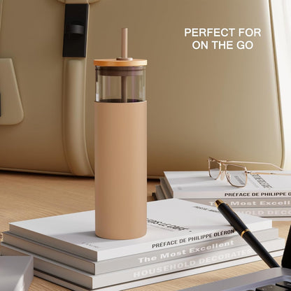Tronco 24 oz Glass Tumbler with Lids and Straw, Reusable Iced Coffee Cup & Smoothie Cup with Bamboo Lid, Silicone Sleeve, Dishwasher Safe, BPA-Free Borosilicate Glass, 1 Pack