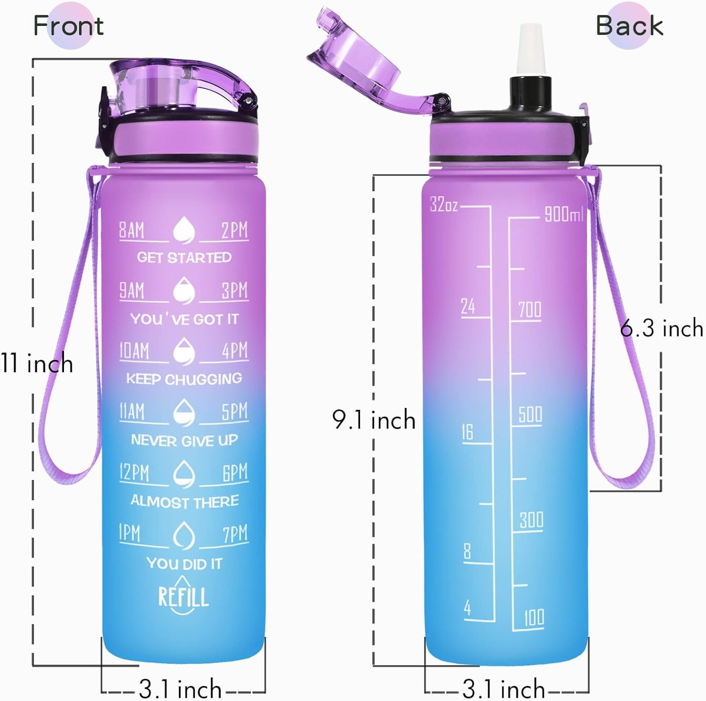 Enerbone Water Bottle, Leakproof BPA & Toxic Free, Motivational Water Bottle with Times to Drink and Straw, Fitness Sports Water Bottle with Strap for Office, Gym, Outdoor Sports