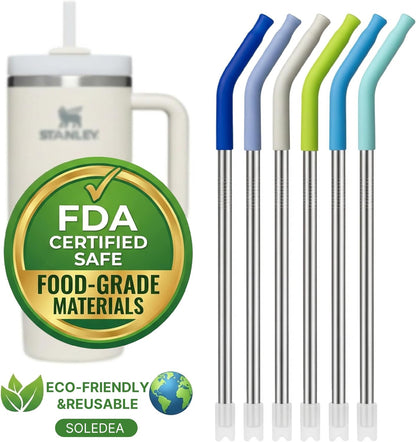 40 oz Straight Metal Straws for 40 oz Stanley Tumbler, 6 Pcs Stainless Steel Reusable Drinking Metal Straw with Colourful Silicone Tips,Straw for Glass Cups, BPA FREE