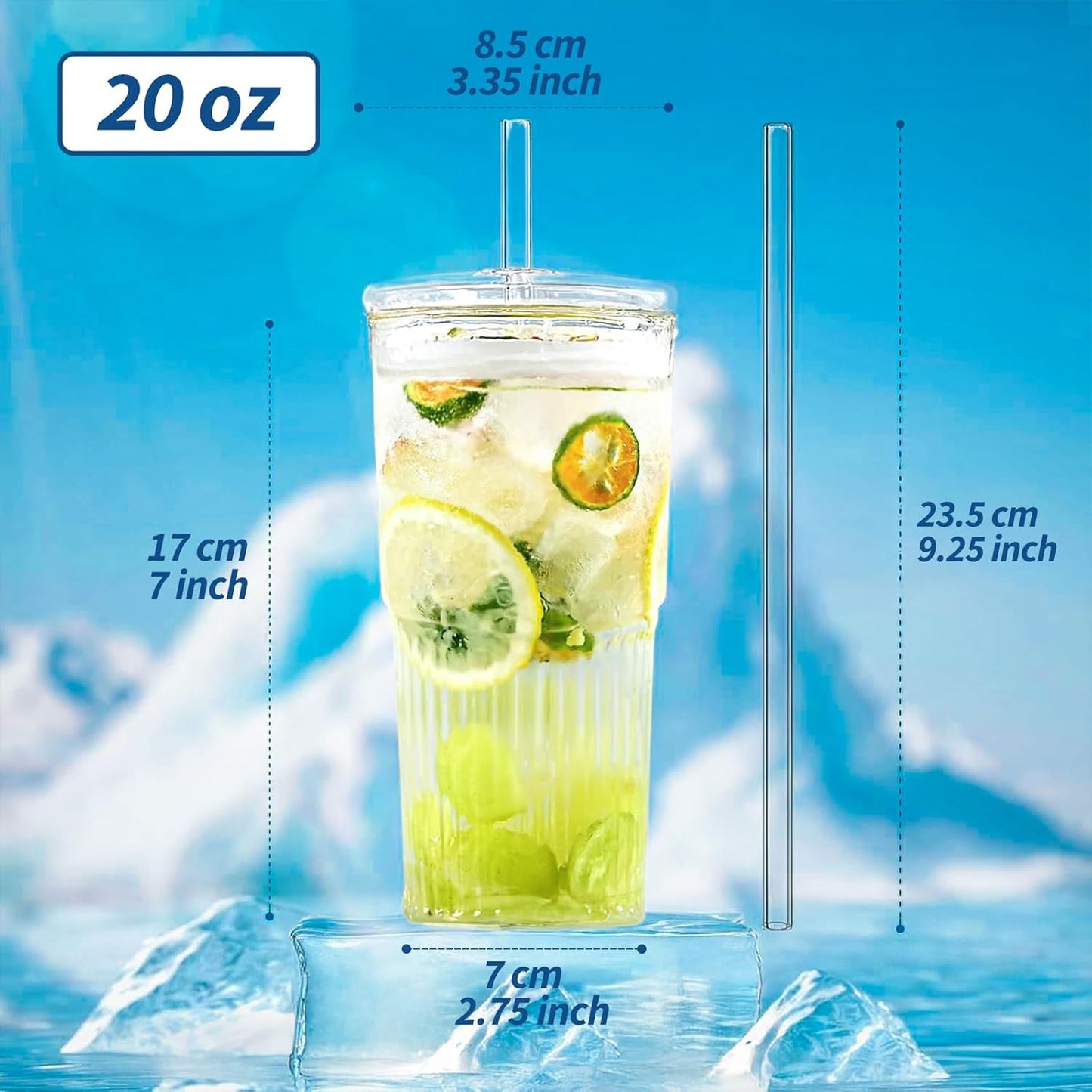 SUROQUE 20oz Ribbed Glass Tumblers with Lids & Straws, Ideal for Iced Coffee, Cocktails & More - Includes Cleaning Brush