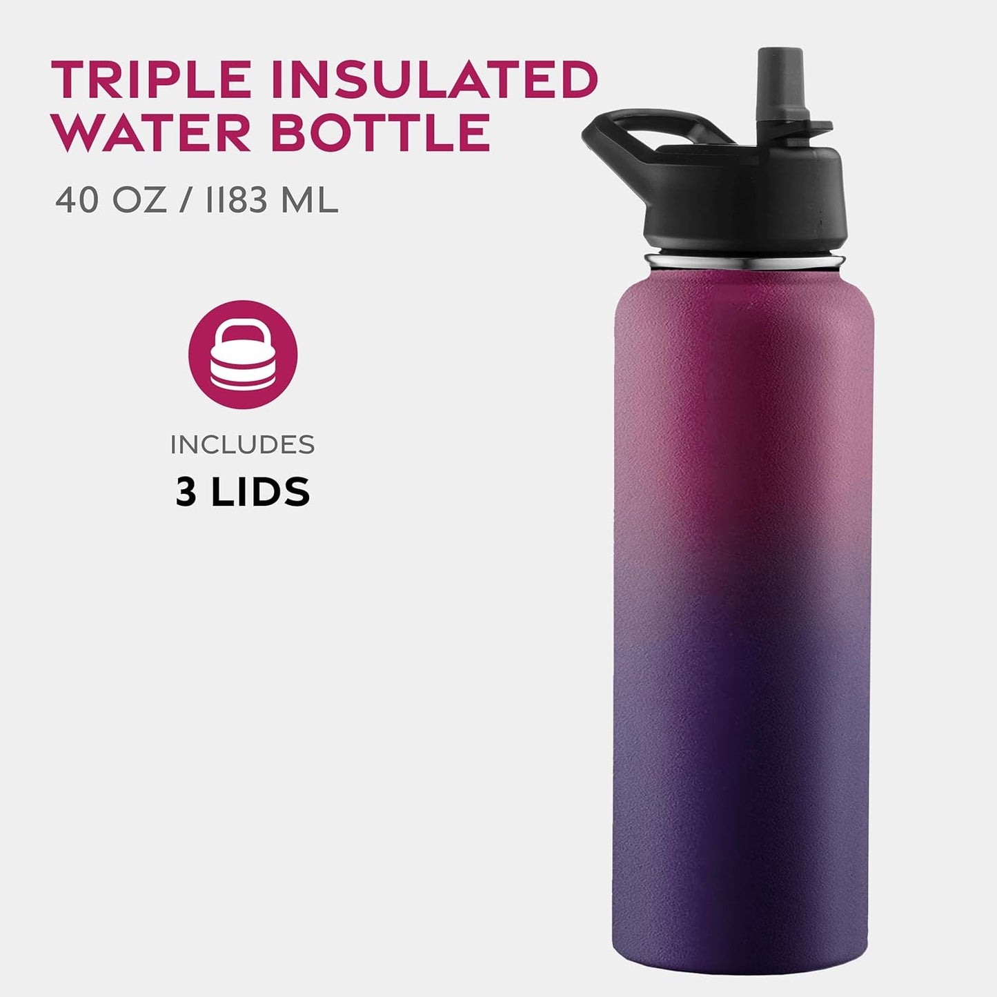 FineDine Water Bottle - Stainless Steel Insulated Water Bottle with Straw Lid, Flip Lid & Wide-Mouth Cap - Keeps Hot and Cold - 25 Oz / 739ml - Dreamy Purple