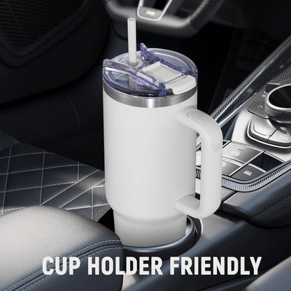 40 oz Tumbler with Handle and Straw Lid,Insulated Reusable Stainless Steel Water Bottle Travel Mug，Cupholder Friendly Double Wall Vacuum Sealed Cup (Black)