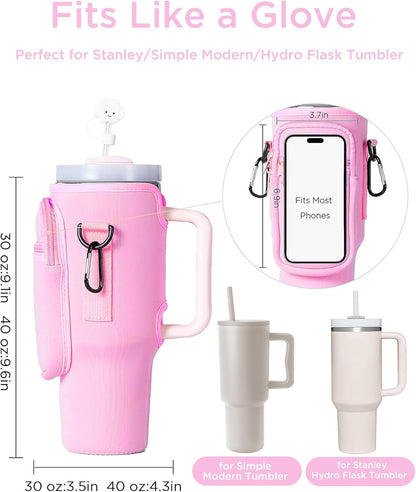 dabria Water Bottle Carrier Bag with Phone Pocket for Stanley 40/30 oz Tumbler Neoprene Water Bottle Holder Pouch with Adjustable Strap Bollus with Straw Cover for Stanley Cup Accessories